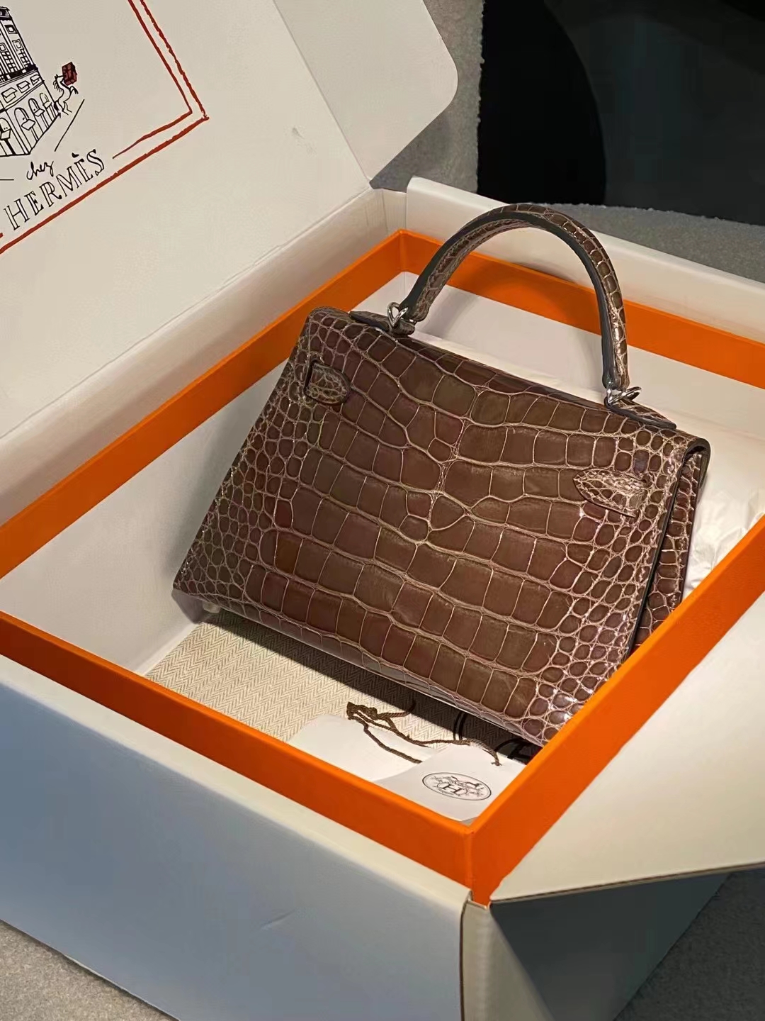 Hermes miniKelly二代 雾面鳄鱼皮 灰褐色银扣 现货