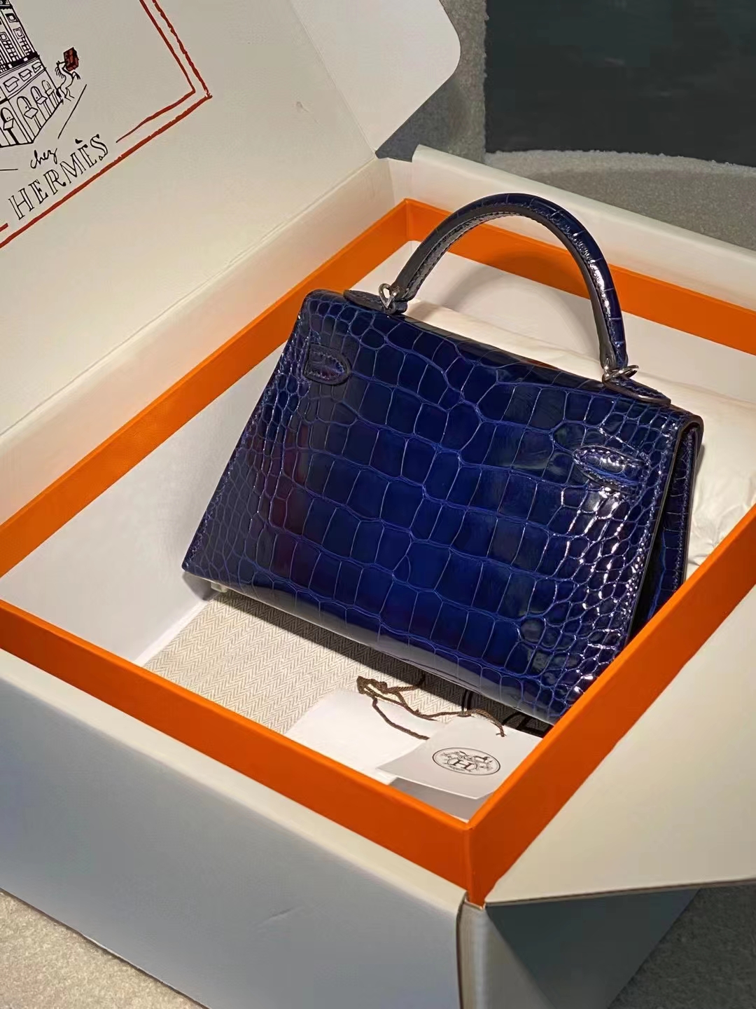 Hermes miniKelly二代 雾面鳄鱼皮 深邃蓝 银扣 现货