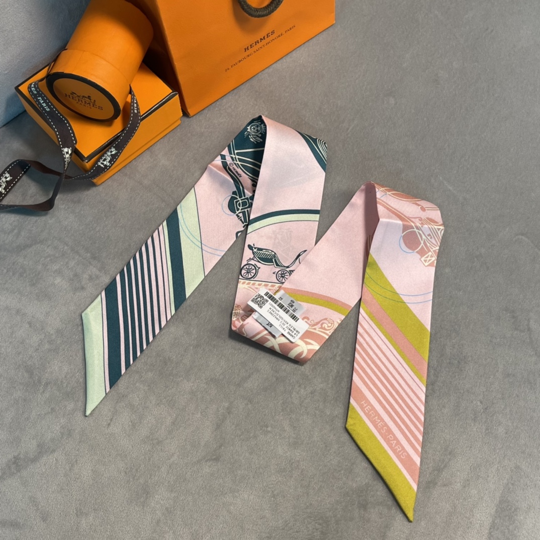 Hermes 2022年早春新款 真丝飘带 多种用途 6*100cm 100%真丝-铂金女王 Hermes 2022年早春新款 真丝飘带 多种用途 6*100cm 100%真丝