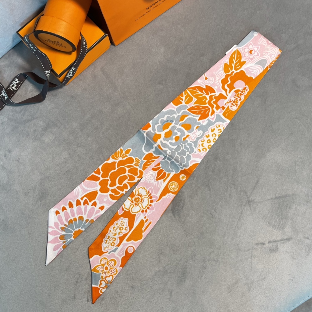 Hermes 2022年早春新款 真丝飘带 多种用途 6*100cm 100%真丝-铂金女王 Hermes 2022年早春新款 真丝飘带 多种用途 6*100cm 100%真丝
