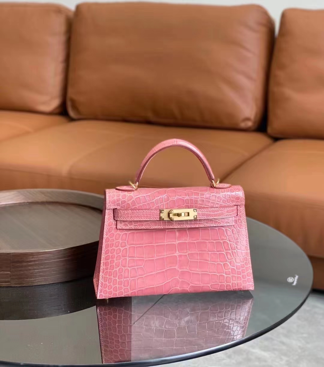 HERMES Minikelly二代 鳄鱼皮 奶昔粉金扣 现货