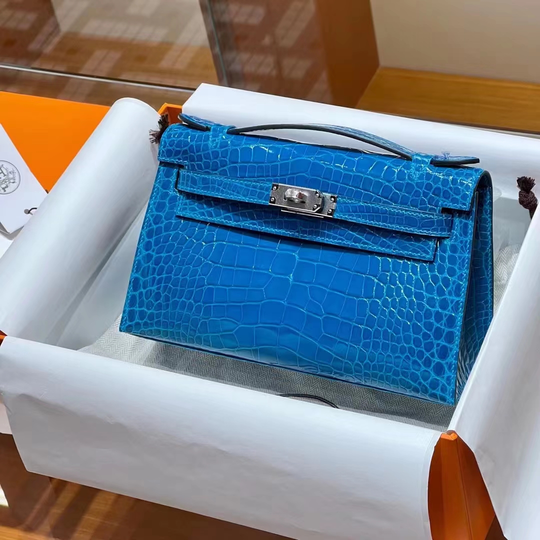 Kelly pochettgo 22cm 全手工 美洲鳄鱼 电光蓝 现货