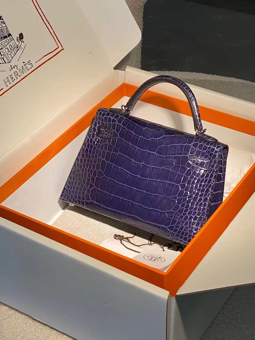 Hermes miniKelly二代 雾面鳄鱼皮 明蓝色 银扣 现货