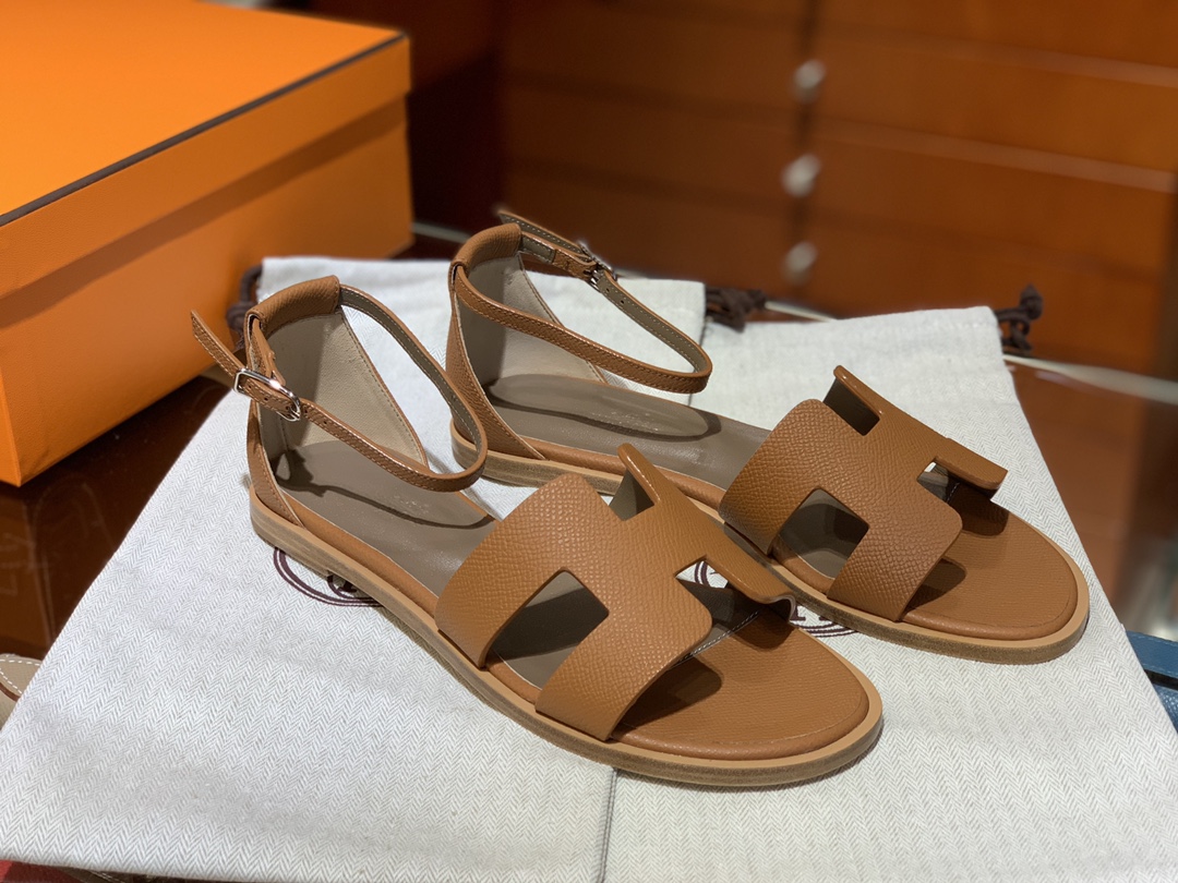 Santorini 爱马仕夏季小牛皮凉鞋 Size:35-41(正码) 纯手工定制 原厂进口牛皮 意大利树羔皮大底