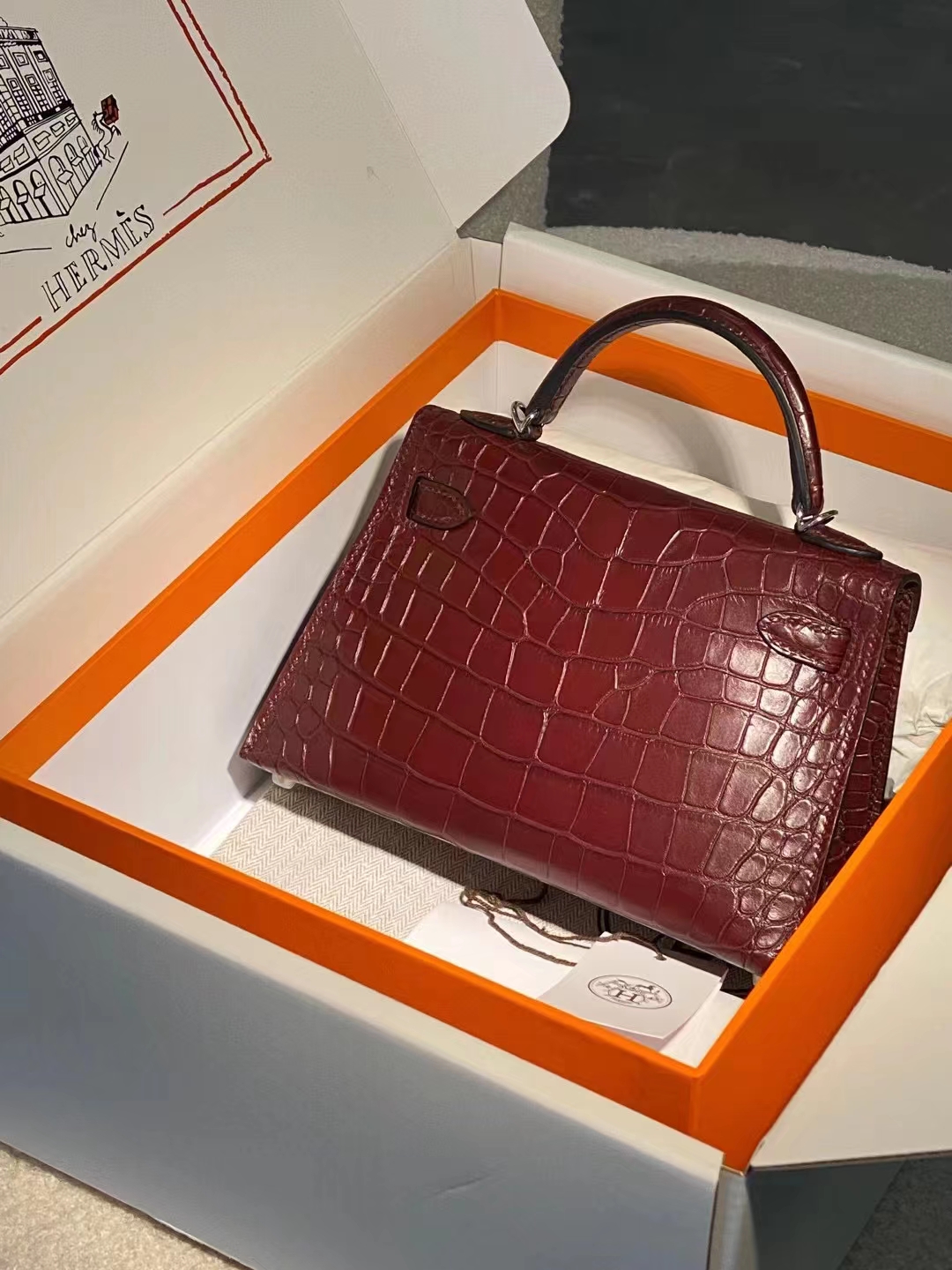 Hermes miniKelly二代 雾面鳄鱼皮 爱马仕红 银扣 现货