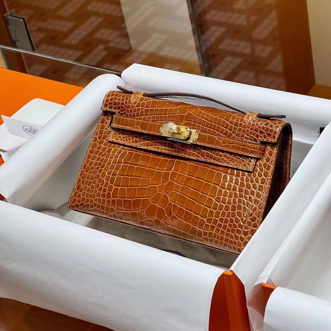 Kelly pochettgo 22cm 全手工 美洲鳄鱼 蜜糖棕 现货