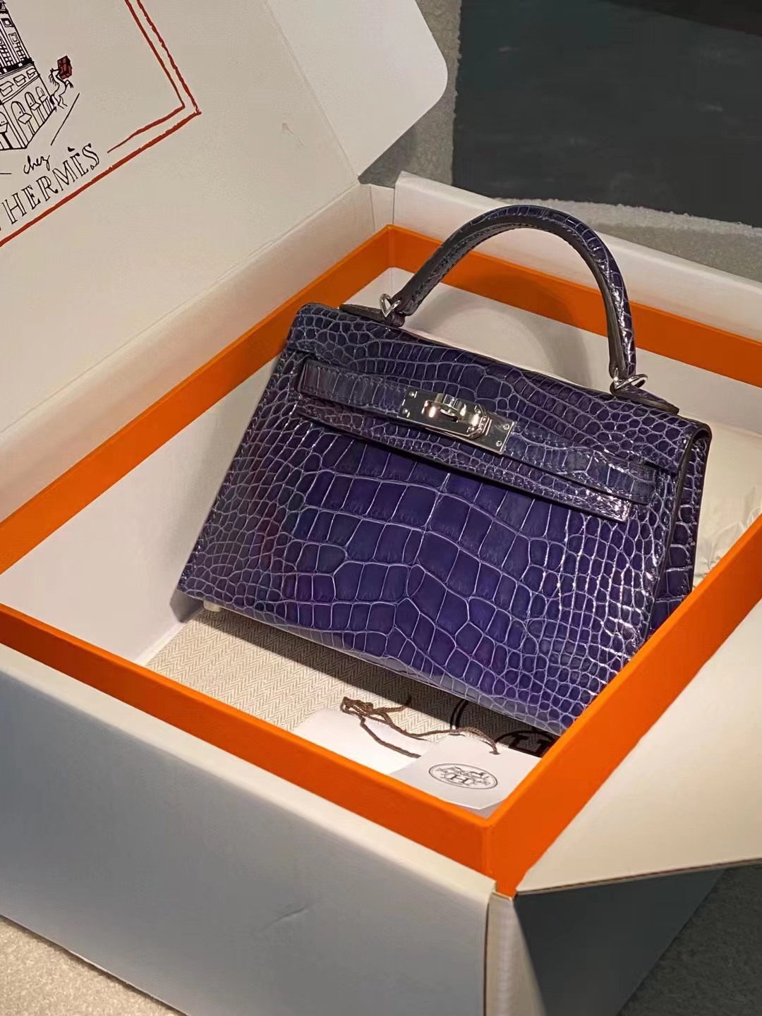 Hermes miniKelly二代 雾面鳄鱼皮 明蓝色 银扣 现货