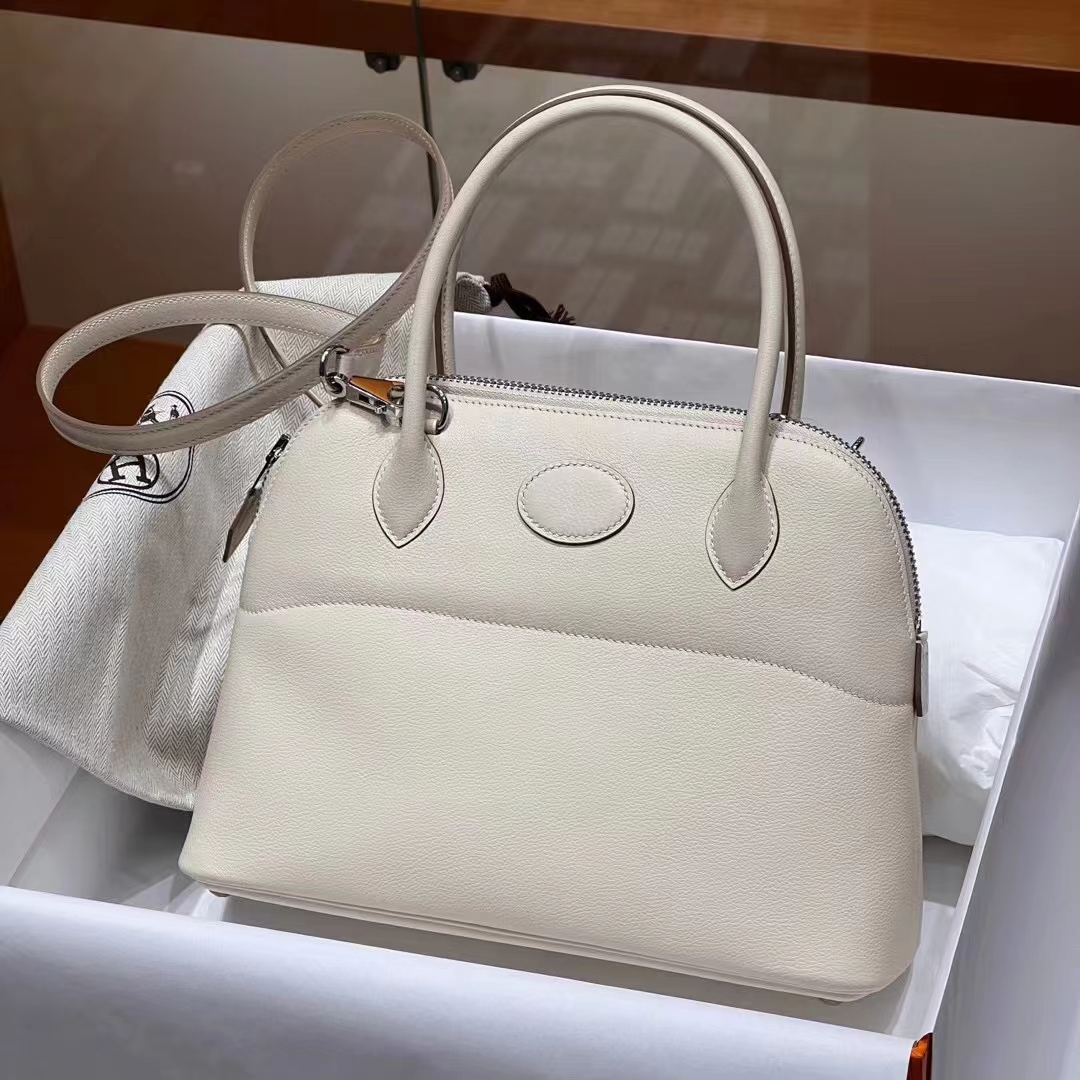 HERMES 爱马仕 保龄球包 Bolide 27cm Craie 10 奶昔白 进口蜜蜡线 全手工制作
