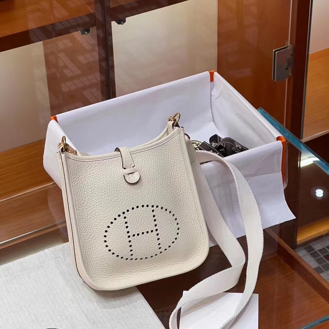 HERMES 爱马仕 Mini Evelyne Craie 10 奶昔白 一正一反组合双面 进口蜜蜡线 全手工制作