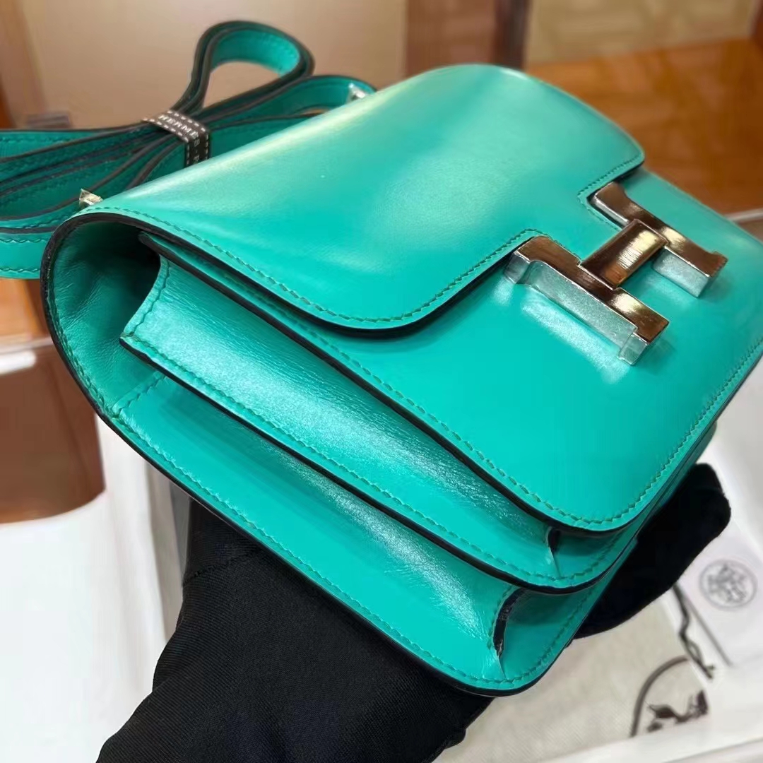 HERMES 爱马仕 【现货】 空姐包 Constance 7F Bleu Paon孔雀蓝 BOX 现货 进口蜜蜡线 全手工制作