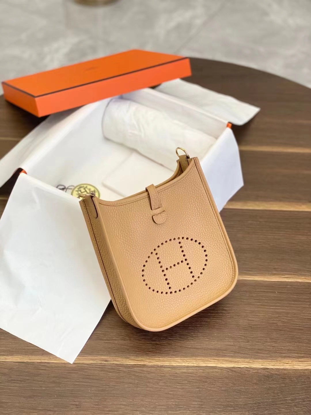 HERMES 爱马仕 Mini Evelyne P8 Kaki 卡其色 一正一反组合双面 进口蜜蜡线 全手工制作
