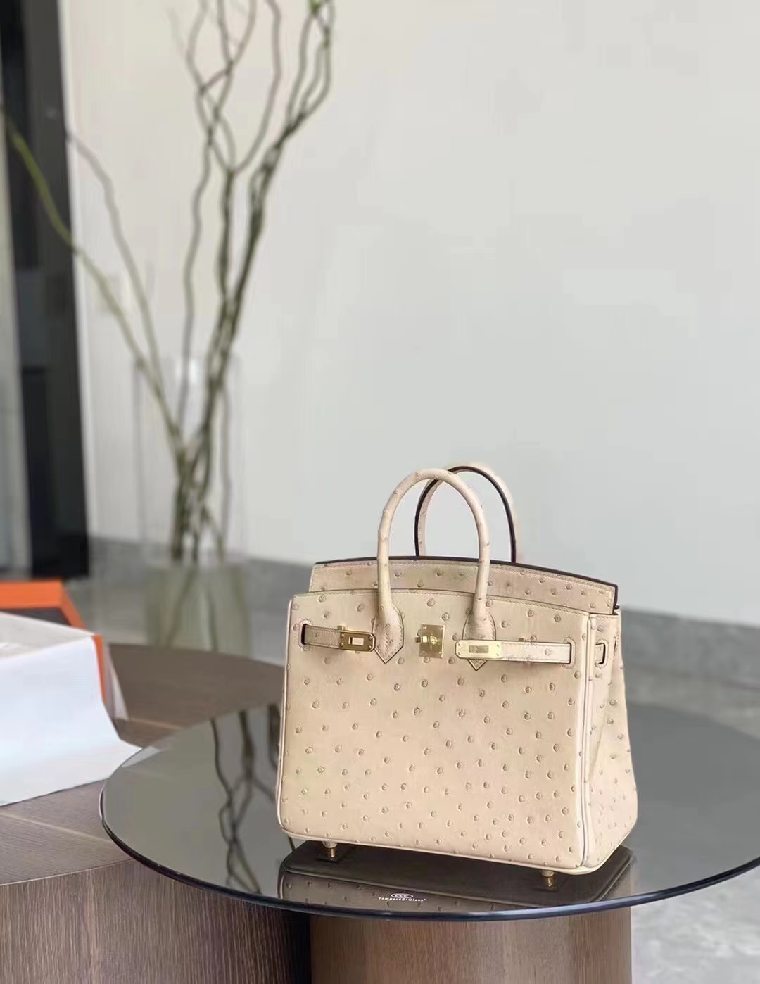 HERMES 爱马仕 【现货】 Birkin 25CM Ostrich 鸵鸟皮 CK14 beige 杏色 现货 进口蜜蜡线 全手工制作