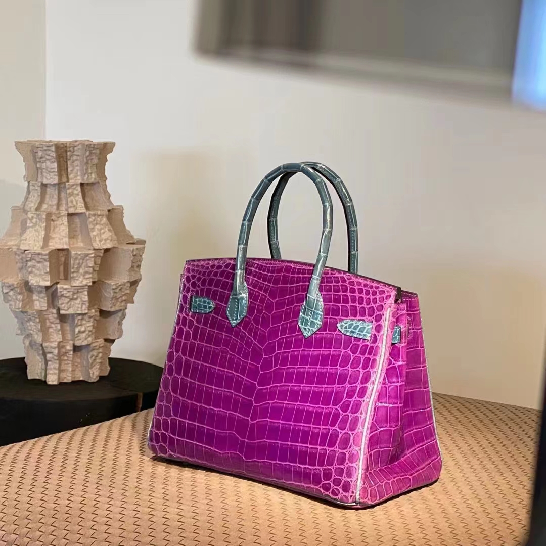 HERMES 爱马仕  Birkin 25CM 5J 天方夜谭紫 拼 75 Blue Jean牛仔蓝 Alligator 美洲鳄 进口蜜蜡线 全手工制作