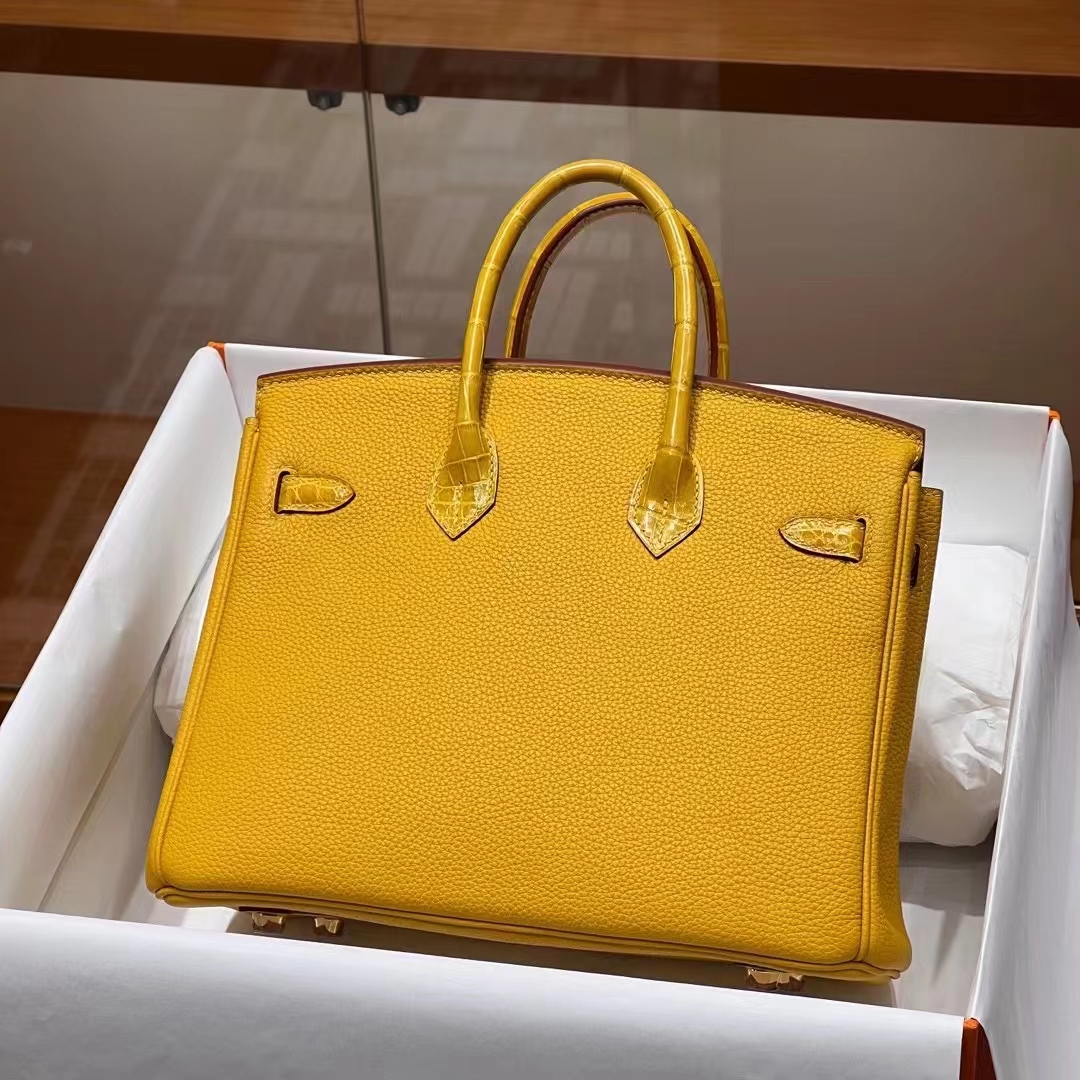 HERMES 爱马仕 【现货】 Birkin 25cm 9D 琥珀黄 TOGO皮拼哑光鳄鱼皮 进口蜜蜡线 全手工制作