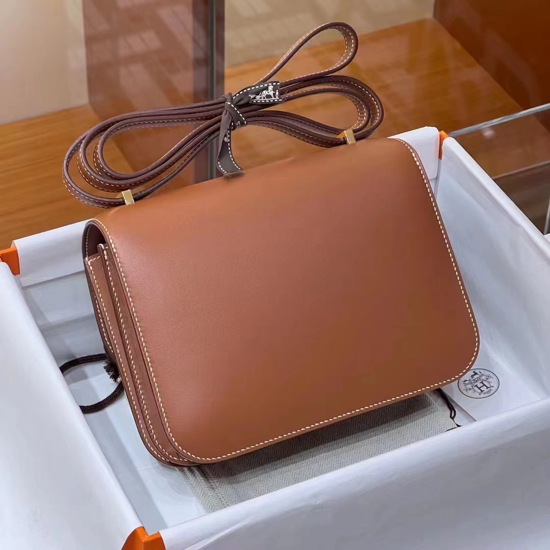 HERMES 爱马仕 【现货】 空姐包 Constance CK37 金棕色 BOX 现货 进口蜜蜡线 全手工制作