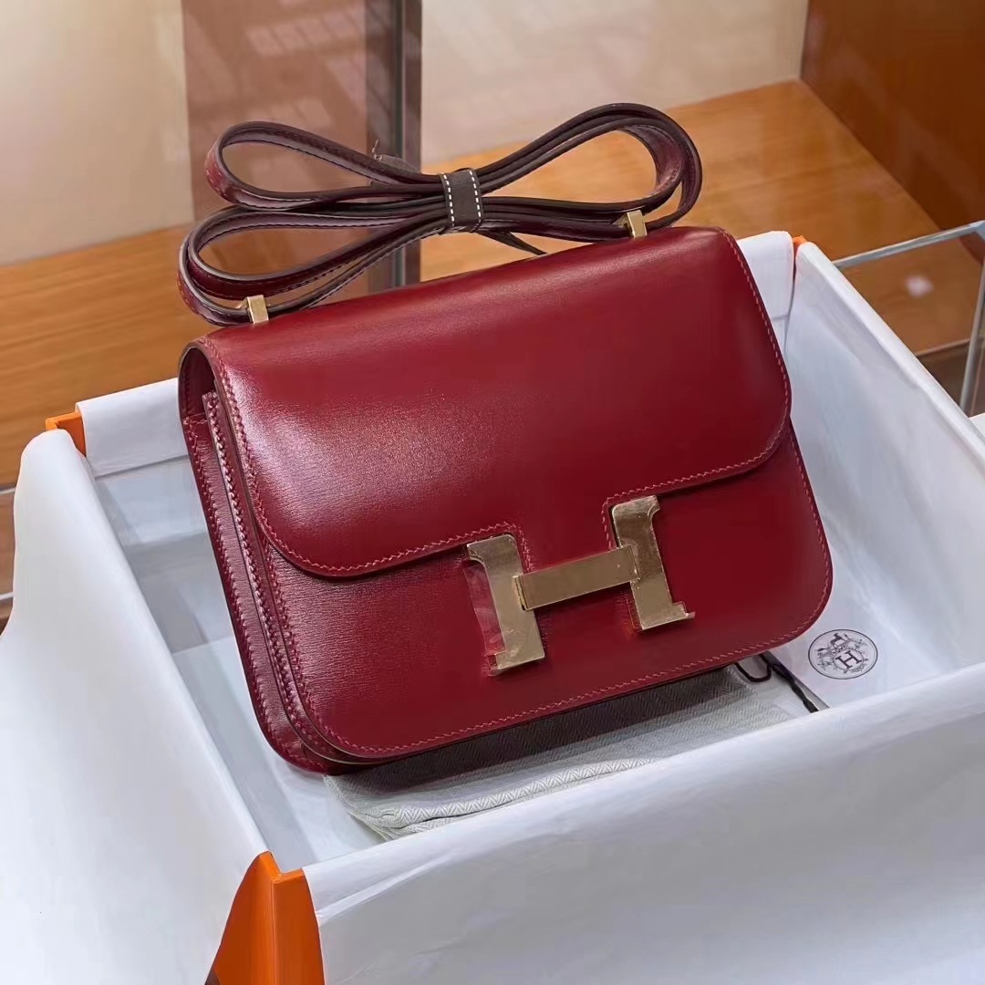 HERMES 爱马仕 【现货】 空姐包 Constance 爱马仕红 55 BOX 现货 进口蜜蜡线 全手工制作