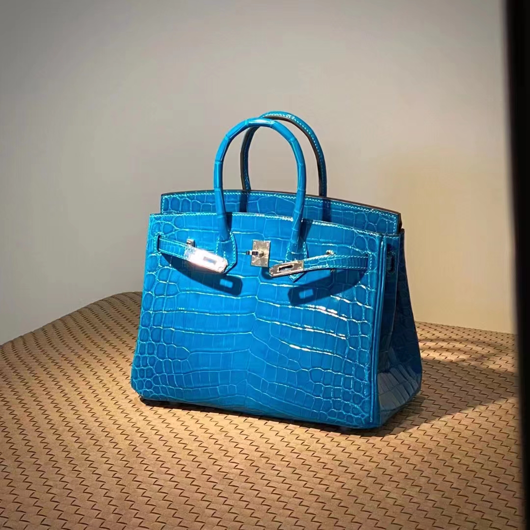 HERMES 爱马仕  Birkin 25CM T7 Bleu Hydra水妖蓝 Alligator 美洲鳄 进口蜜蜡线 全手工制作