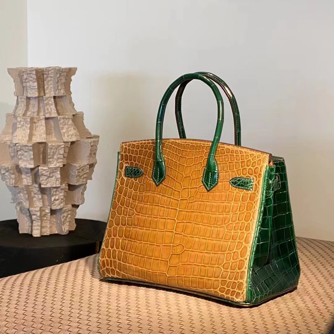 HERMES 爱马仕  Birkin 25CM 9D 琥珀黄 拼 67 Vert Fonce 祖母绿 Alligator 美洲鳄 进口蜜蜡线 全手工制作
