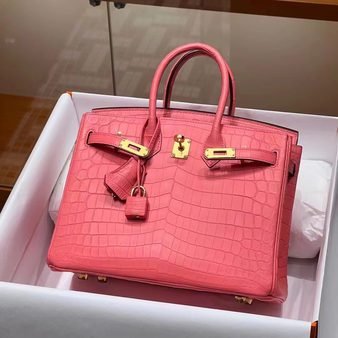 HERMES 爱马仕 【现货】 Birkin 25cm U5 Rose eLipstick 唇膏粉 哑光鳄鱼 进口蜜蜡线 全手工制作