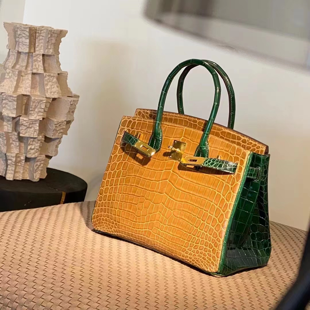 HERMES 爱马仕  Birkin 25CM 9D 琥珀黄 拼 67 Vert Fonce 祖母绿 Alligator 美洲鳄 进口蜜蜡线 全手工制作