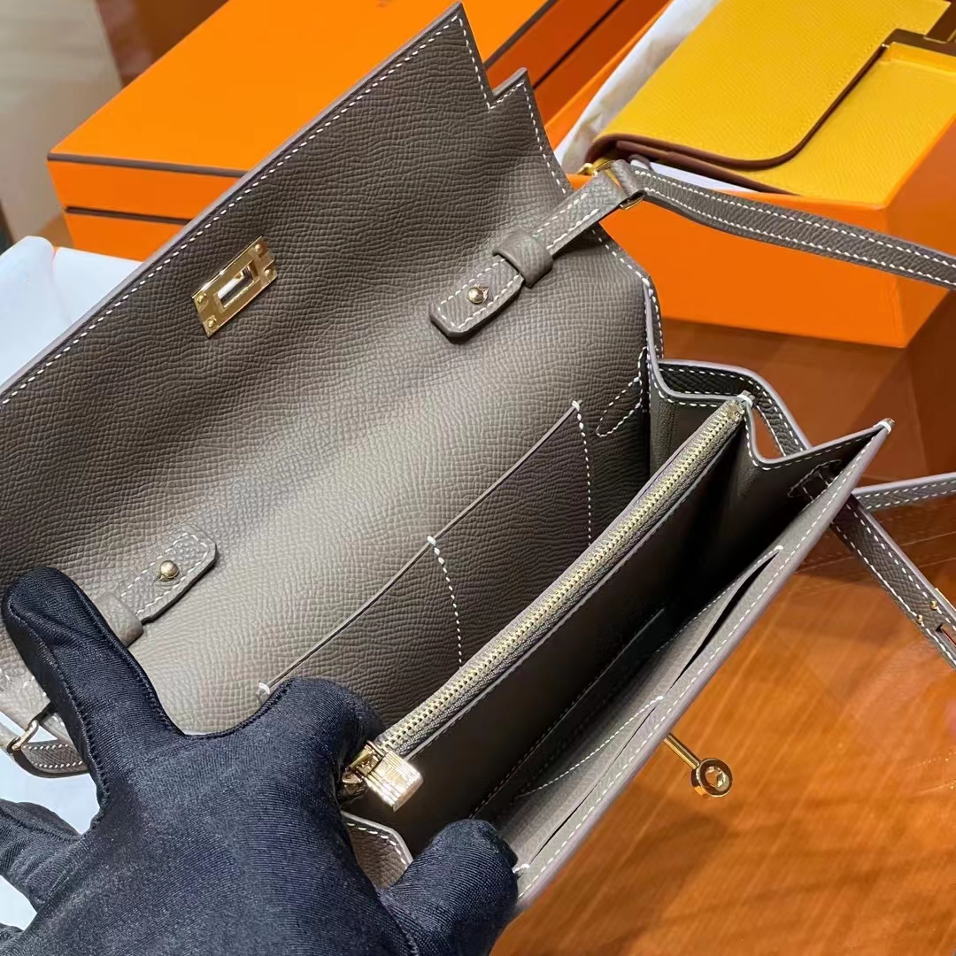 HERMES 爱马仕 【现货】 Kelly To Go Epsom皮 8C Gri Elephant 大象灰 现货 进口蜜蜡线 全手工制作