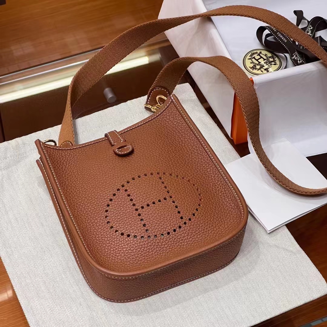 HERMES 爱马仕 Mini Evelyne CK37 金棕色 一正一反组合双面 进口蜜蜡线 全手工制作