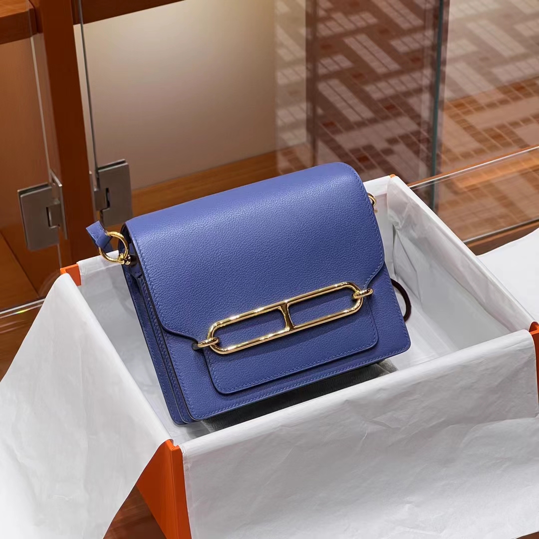 HERMES 爱马仕 猪鼻子包 Roulis 18cm R2 玛瑙蓝 进口蜜蜡线 全手工制作