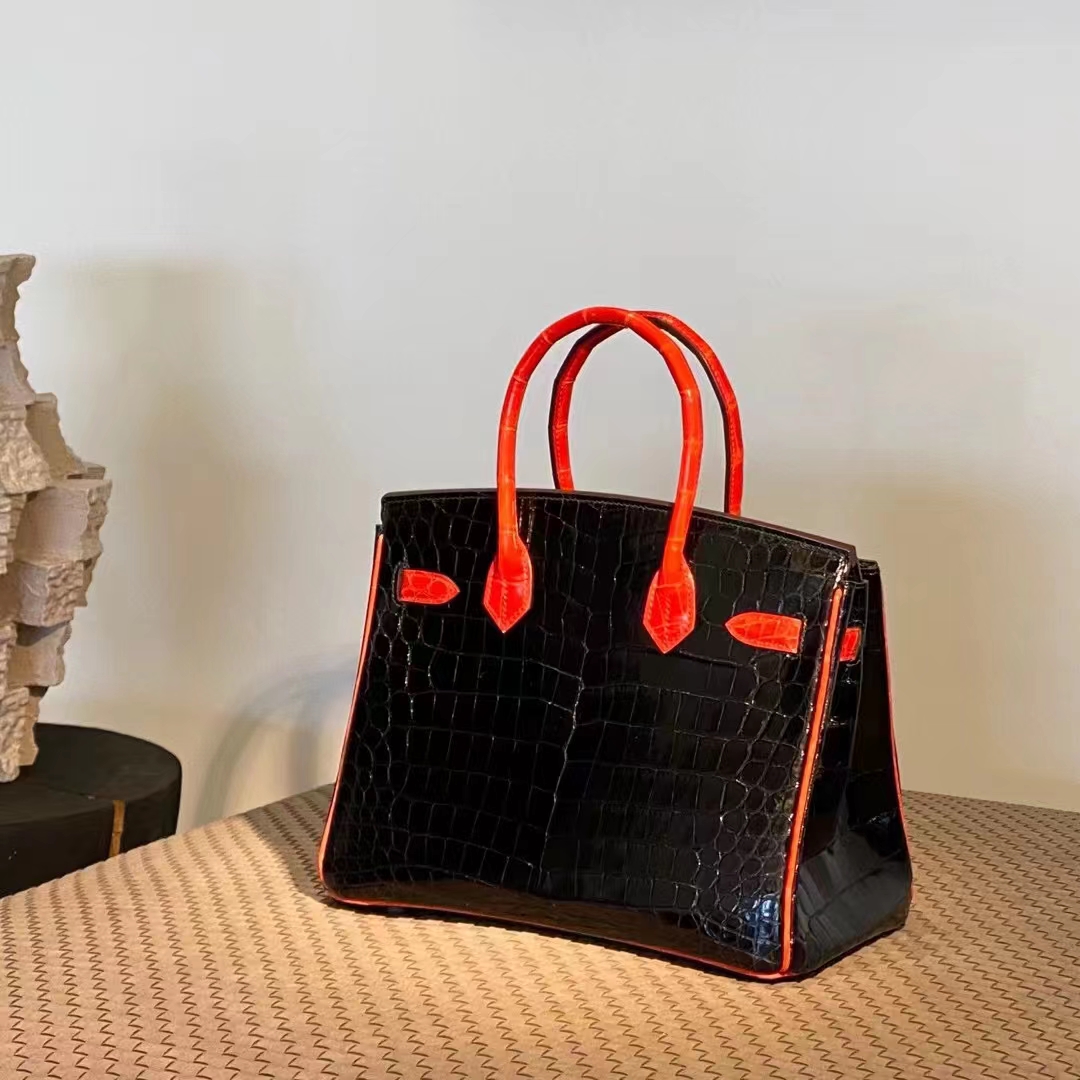 HERMES 爱马仕  Birkin 25CM CC89 Nior 黑色 拼 93 Orange 橙色 Alligator 美洲鳄 进口蜜蜡线 全手工制作