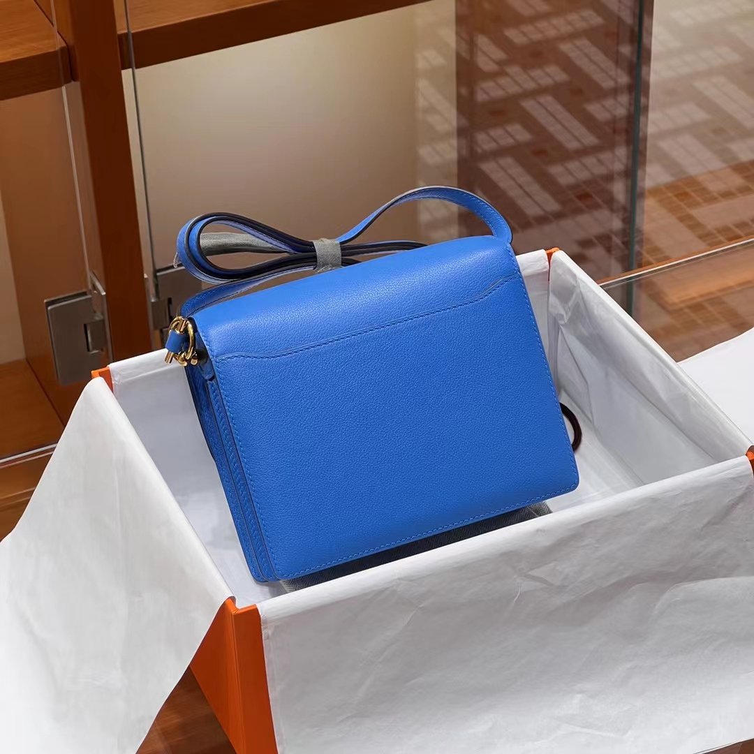 HERMES 爱马仕 猪鼻子包 Roulis 18cm T7 Bleu Hydra水妖蓝 进口蜜蜡线 全手工制作