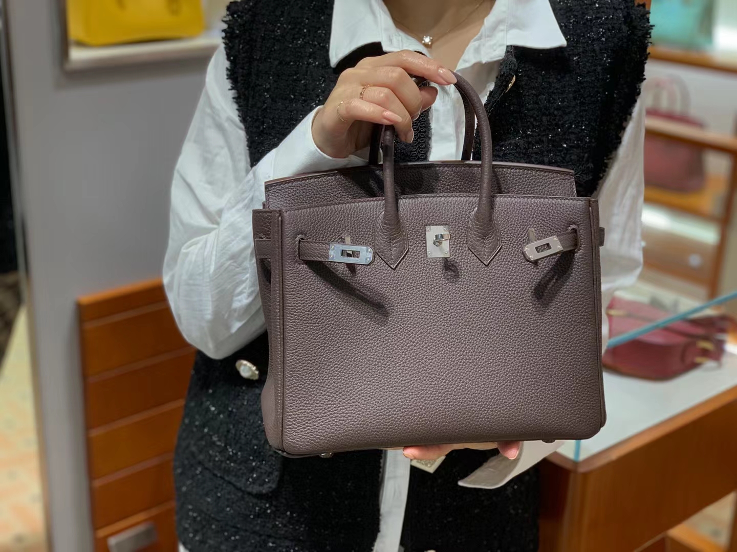 HERMES 爱马仕 【现货】 Birkin 25CM 灰褐色 16 Togo 现货 进口蜜蜡线 全手工制作