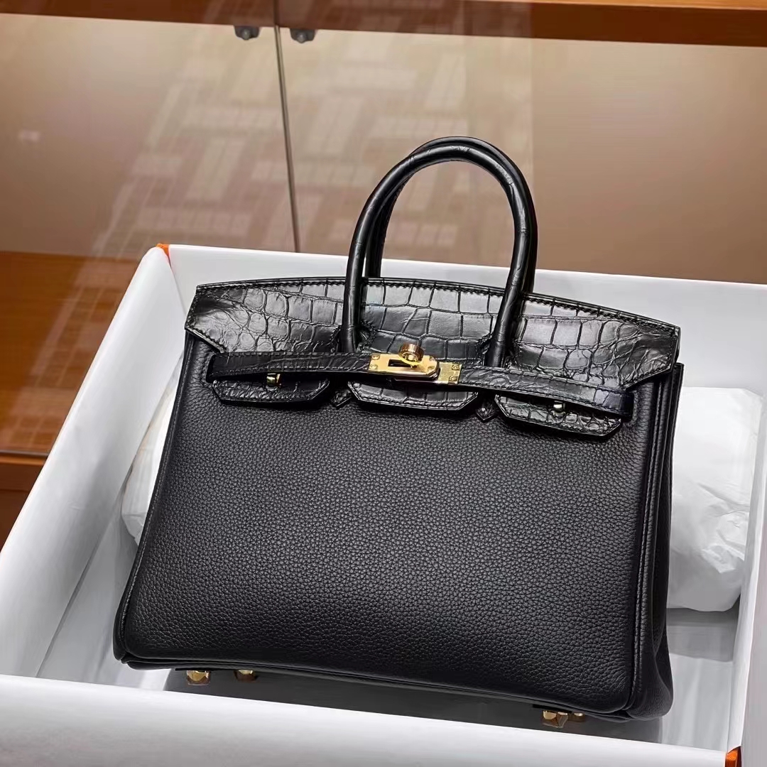 HERMES 爱马仕 【现货】 Birkin 25cm CC89 Nior 经典黑 TOGO皮拼哑光鳄鱼皮 进口蜜蜡线 全手工制作