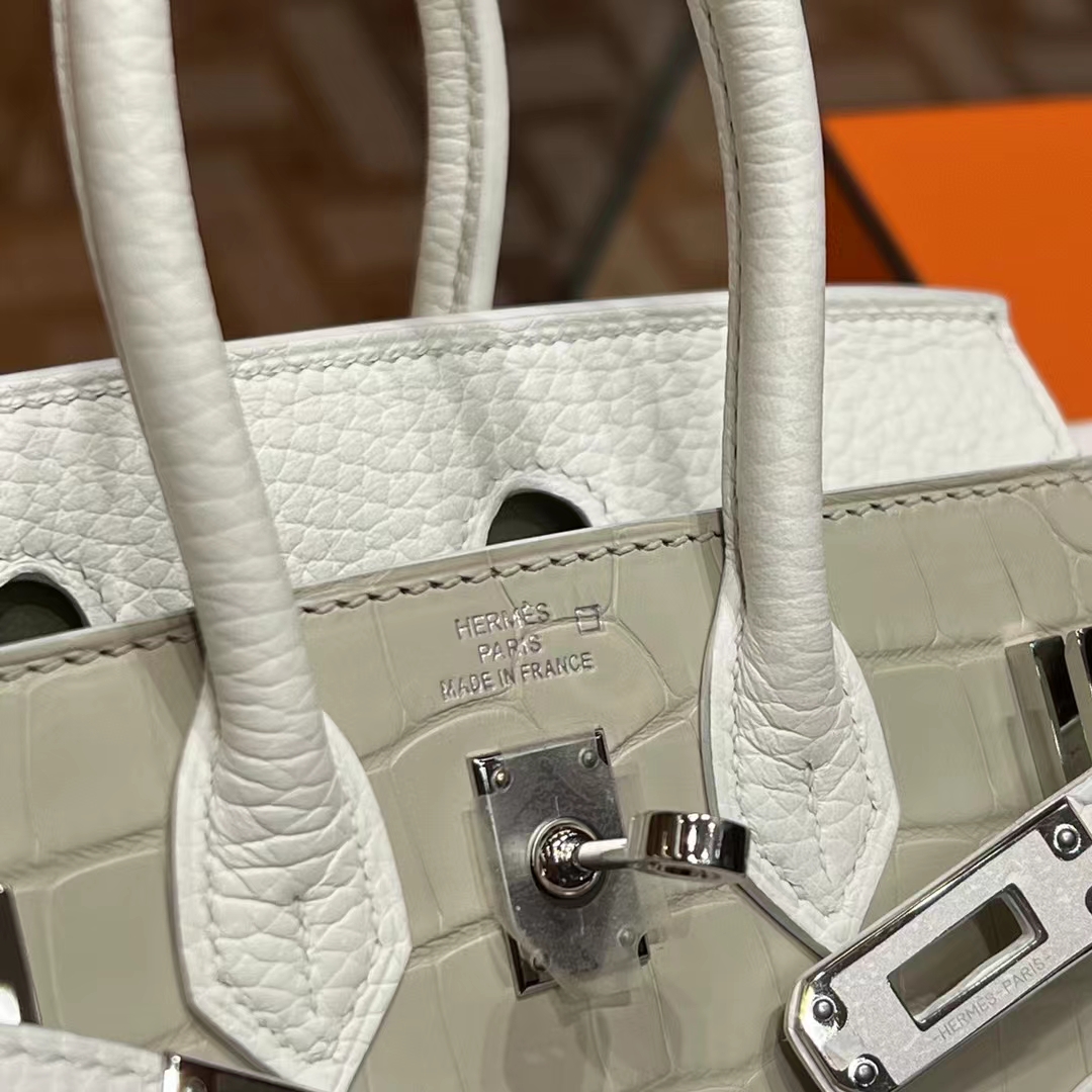 HERMES 爱马仕  Birkin 小房子 Craie 10 奶昔白 Alligator 美洲鳄 进口蜜蜡线 全手工制作