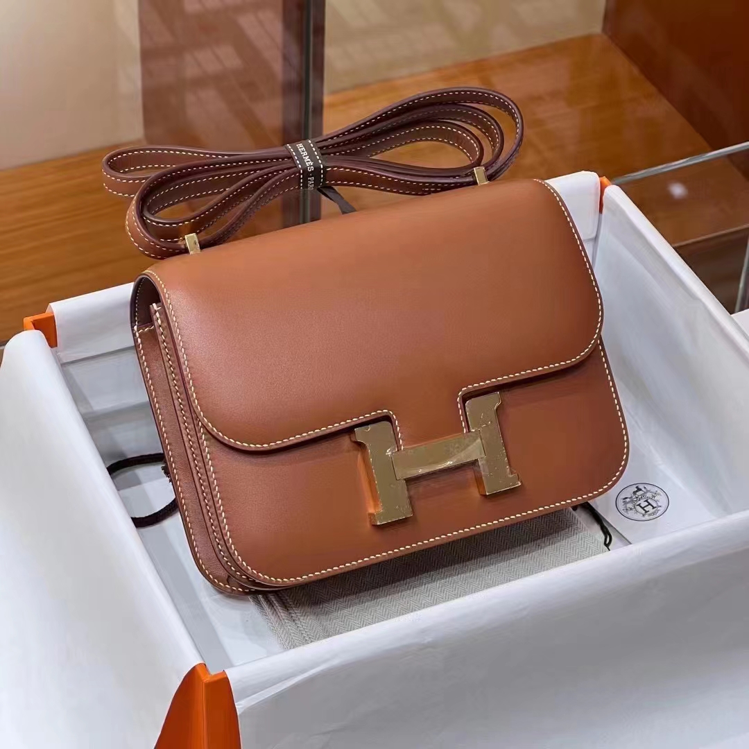 HERMES 爱马仕 【现货】 空姐包 Constance CK37 金棕色 BOX 现货 进口蜜蜡线 全手工制作