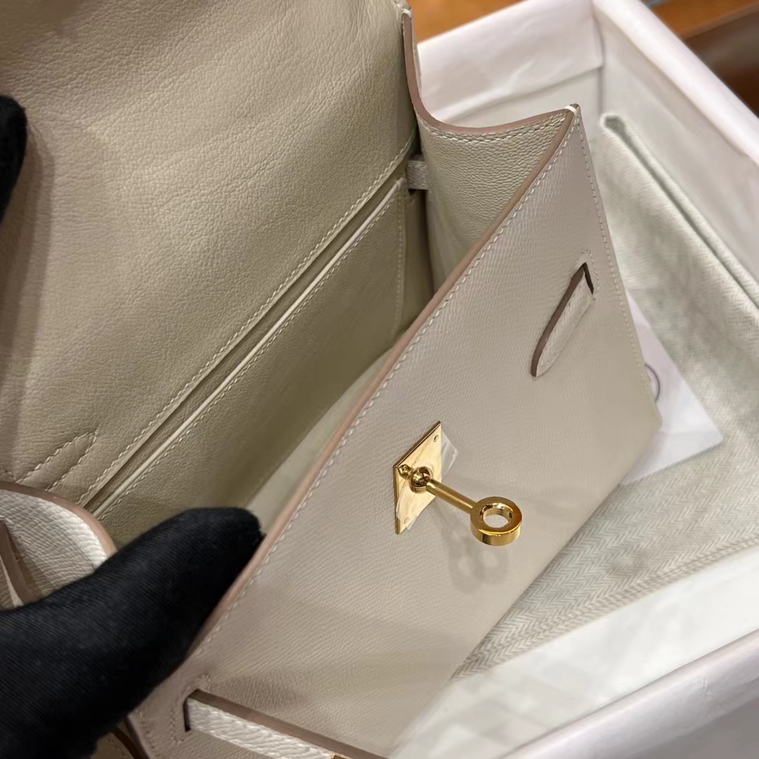 HERMES 爱马仕 Kelly ll sellier Craie 10 奶昔白 一正一反组合双面 进口蜜蜡线 全手工制作