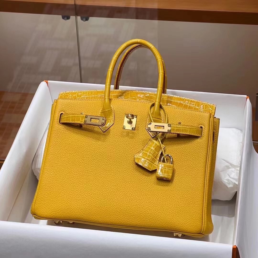 HERMES 爱马仕 【现货】 Birkin 25cm 9D 琥珀黄 TOGO皮拼哑光鳄鱼皮 进口蜜蜡线 全手工制作