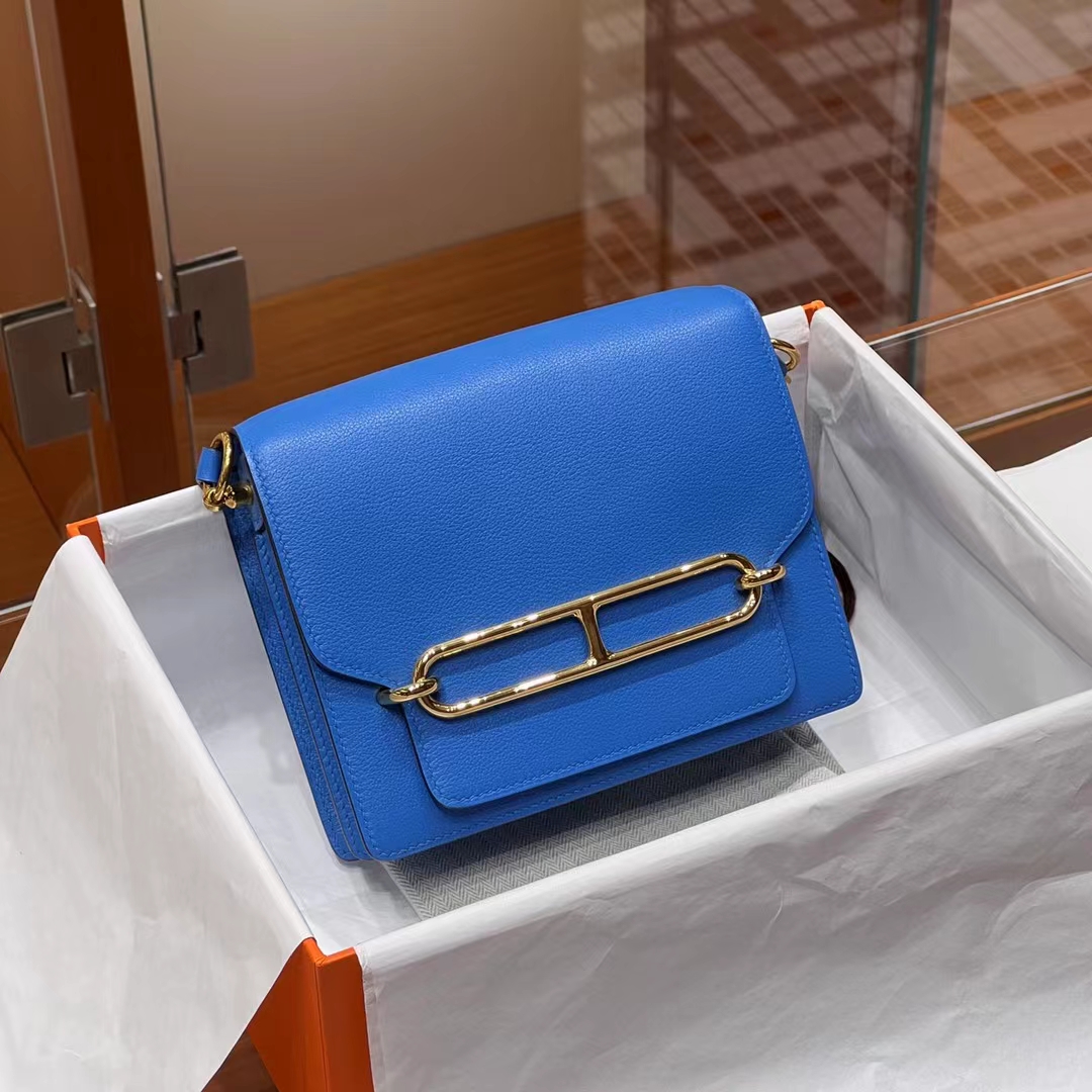 HERMES 爱马仕 猪鼻子包 Roulis 18cm T7 Bleu Hydra水妖蓝 进口蜜蜡线 全手工制作