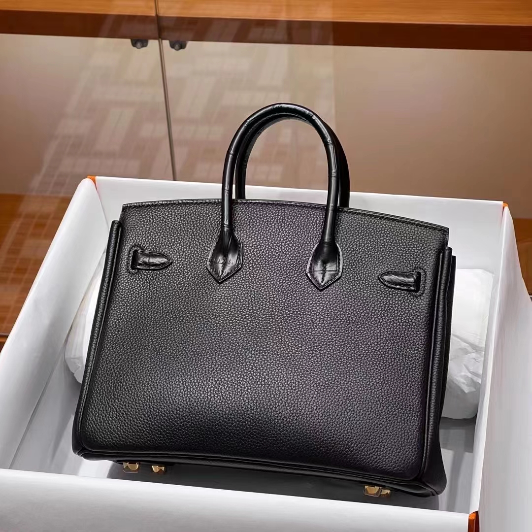 HERMES 爱马仕 【现货】 Birkin 25cm CC89 Nior 经典黑 TOGO皮拼哑光鳄鱼皮 进口蜜蜡线 全手工制作-铂金女王 HERMES 爱马仕 【现货】 Birkin 25cm CC89 Nior 经典黑 TOGO皮拼哑光鳄鱼皮 进口蜜蜡线 全手工制作
