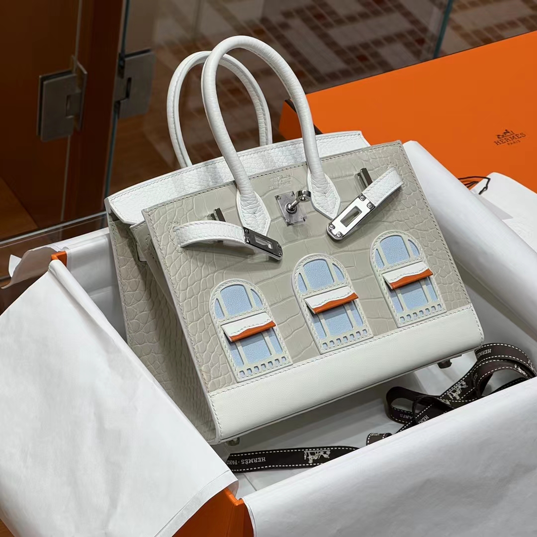 HERMES 爱马仕  Birkin 小房子 Craie 10 奶昔白 Alligator 美洲鳄 进口蜜蜡线 全手工制作