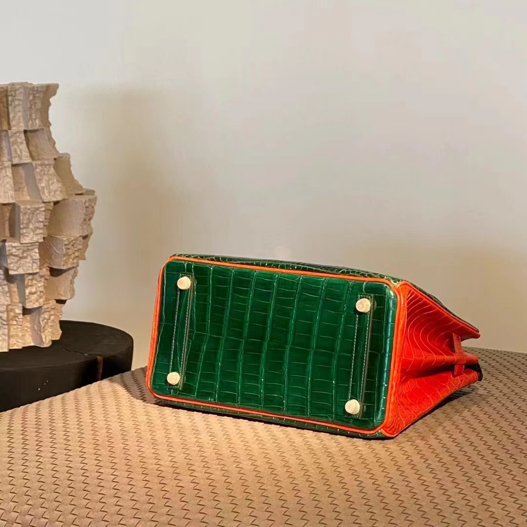 HERMES 爱马仕  Birkin 25CM 67 Vert Fonce 祖母绿 拼 93 Orange 橙色 Alligator 美洲鳄 进口蜜蜡线 全手工制作