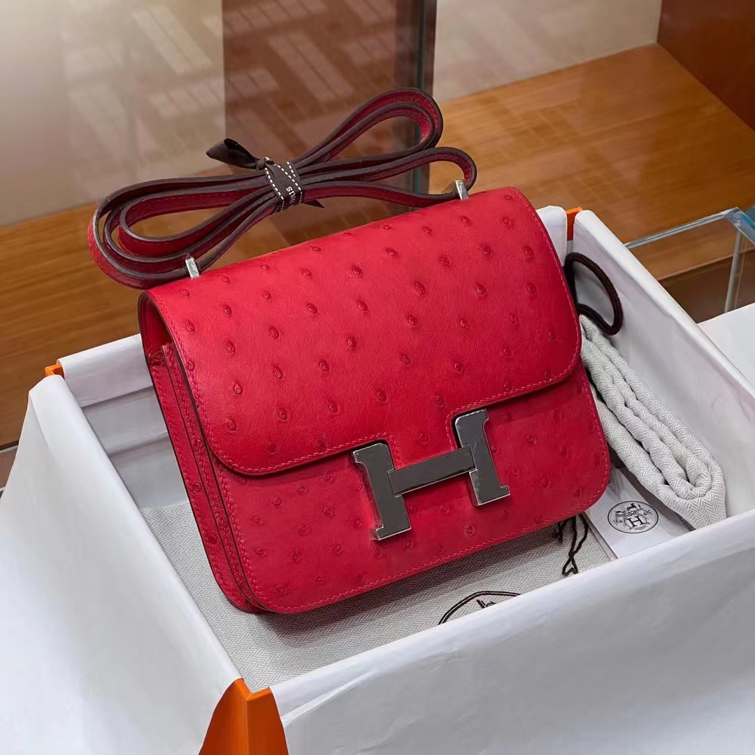 HERMES 爱马仕 【现货】Constance 19CM Q5 Rouge 国旗红 Ostrich 鸵鸟皮 现货 进口蜜蜡线 全手工制作 铂金女王 Birkinmm