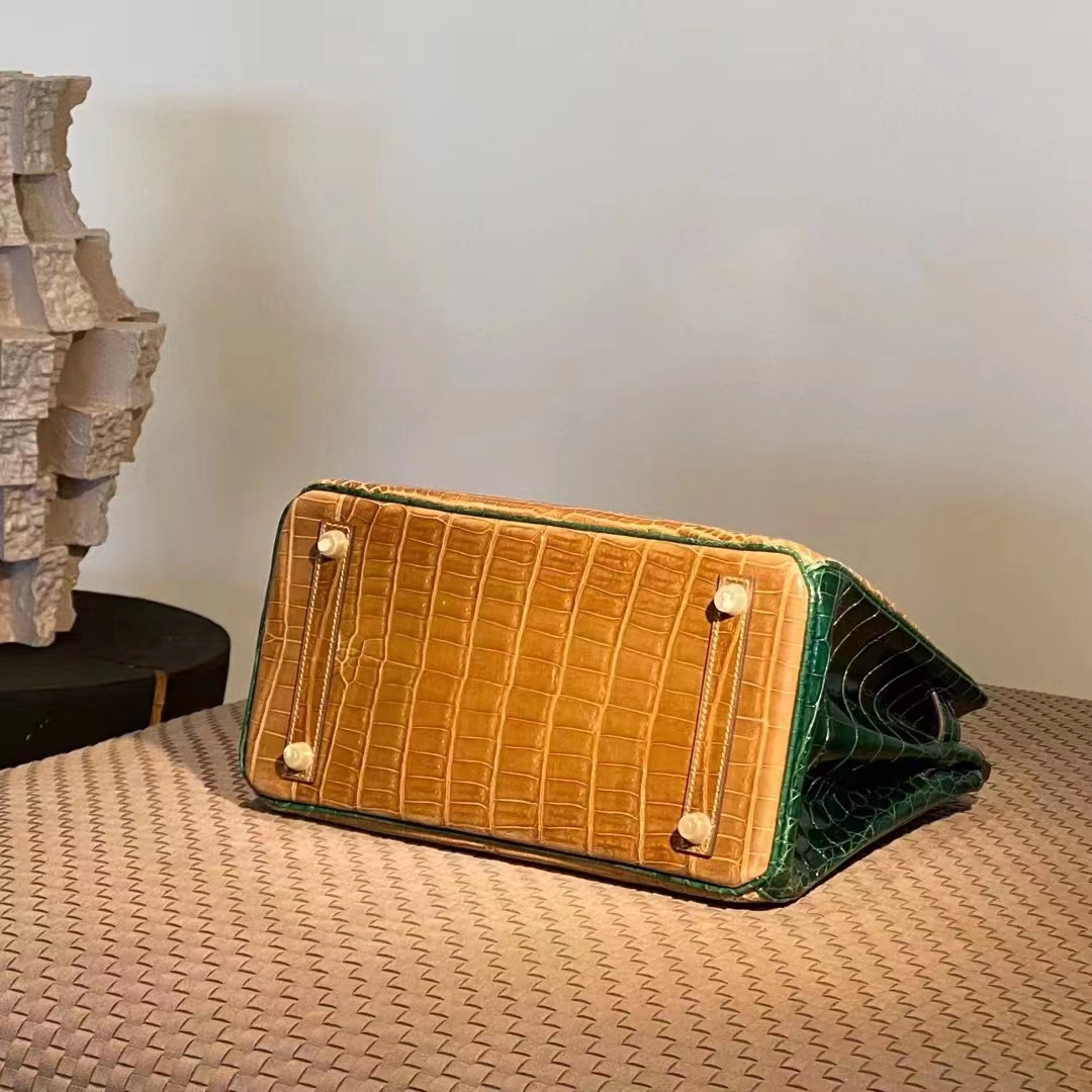 HERMES 爱马仕  Birkin 25CM 9D 琥珀黄 拼 67 Vert Fonce 祖母绿 Alligator 美洲鳄 进口蜜蜡线 全手工制作