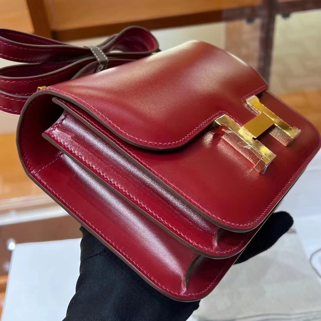 HERMES 爱马仕 【现货】 空姐包 Constance 爱马仕红 55 BOX 现货 进口蜜蜡线 全手工制作