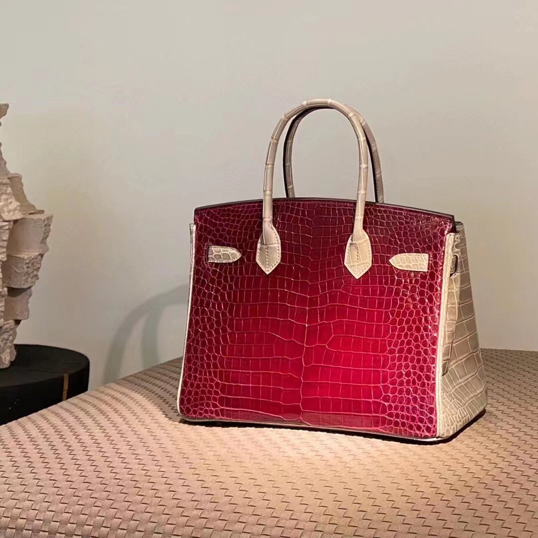 HERMES 爱马仕  Birkin 25CM B5 Rubis宝石红 拼 80 Gris Perle 珍珠灰 Alligator 美洲鳄 进口蜜蜡线 全手工制作