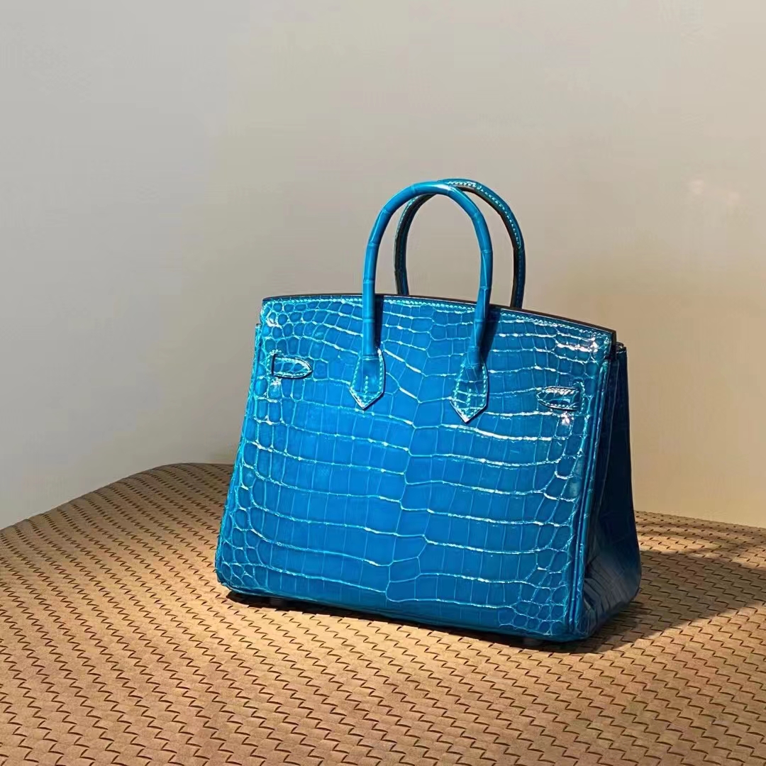 HERMES 爱马仕  Birkin 25CM T7 Bleu Hydra水妖蓝 Alligator 美洲鳄 进口蜜蜡线 全手工制作