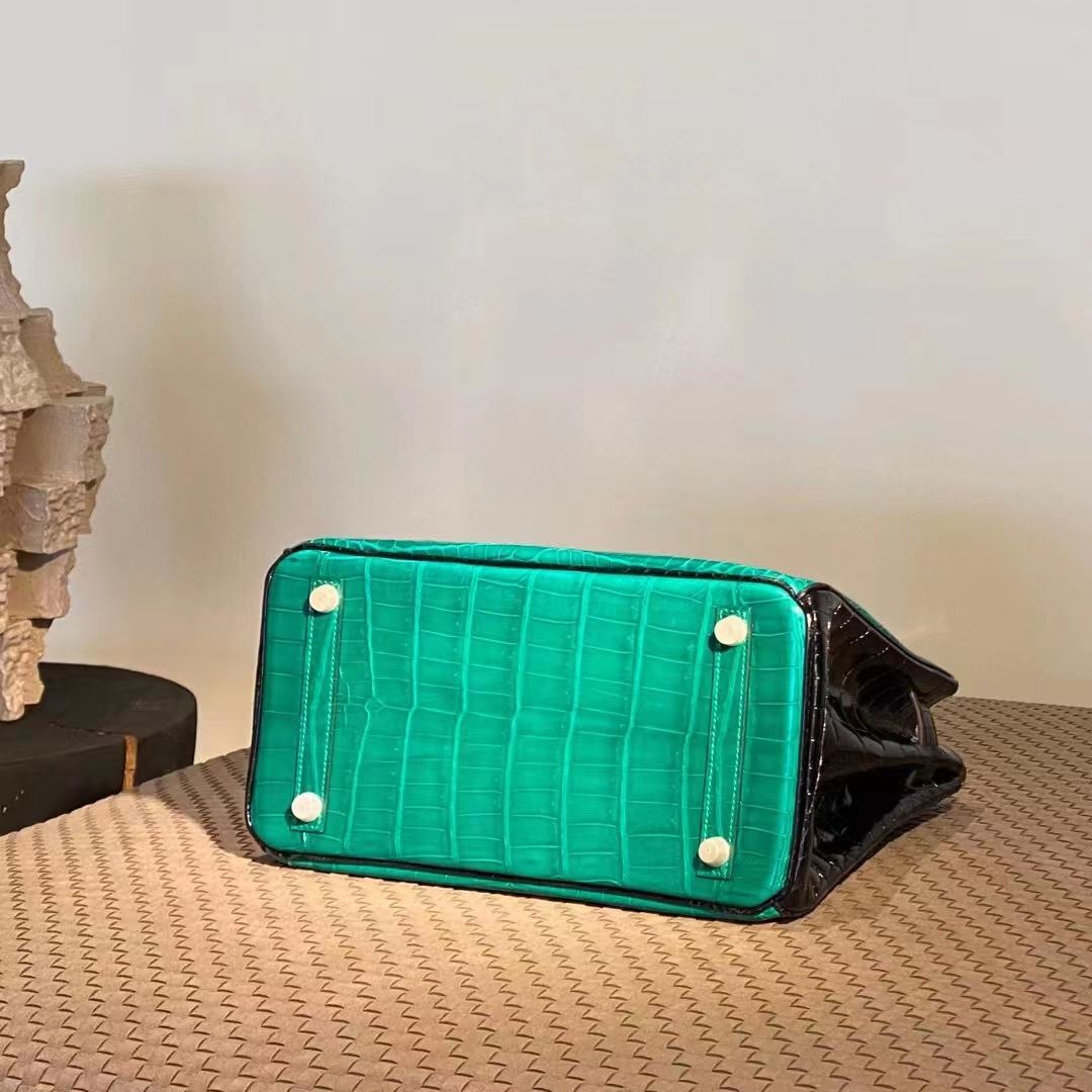 HERMES 爱马仕  Birkin 25CM 6I Vert Florentin翡翠绿  拼 CC89 Nior 黑色 Alligator 美洲鳄 进口蜜蜡线 全手工制作