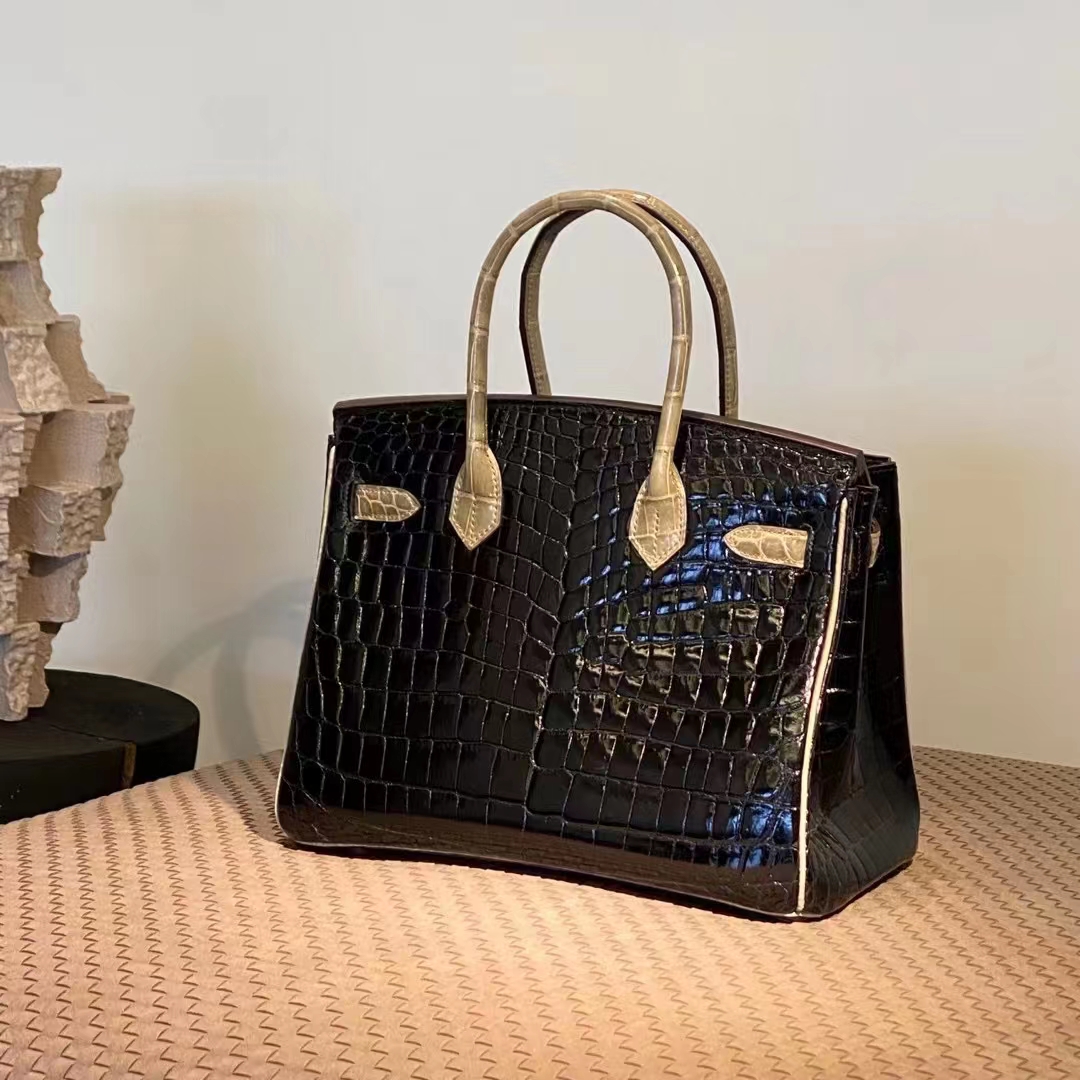 HERMES 爱马仕  Birkin 25CM CC89 Nior 黑色 拼 P8 Kaki 卡其色 Alligator 美洲鳄 进口蜜蜡线 全手工制作