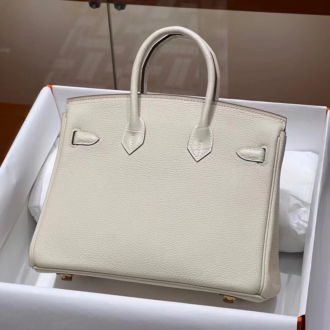 HERMES 爱马仕 【现货】 Birkin 25cm 10 Craie粉笔白 现货 进口蜜蜡线 全手工制作