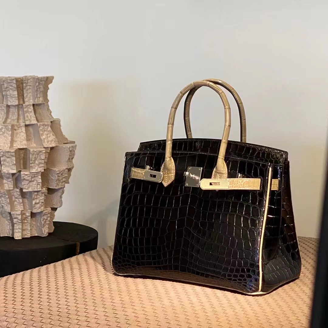 HERMES 爱马仕  Birkin 25CM CC89 Nior 黑色 拼 P8 Kaki 卡其色 Alligator 美洲鳄 进口蜜蜡线 全手工制作