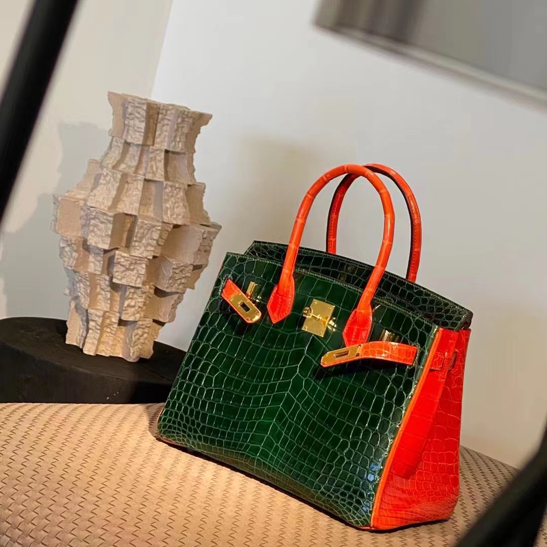 HERMES 爱马仕  Birkin 25CM 67 Vert Fonce 祖母绿 拼 93 Orange 橙色 Alligator 美洲鳄 进口蜜蜡线 全手工制作