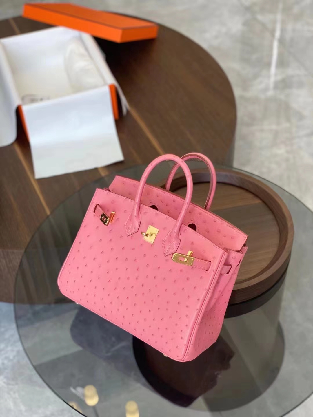 HERMES 爱马仕 【现货】 Birkin 25CM Ostrich 鸵鸟皮 U5 Rose eLipstick 唇膏粉现货 进口蜜蜡线 全手工制作